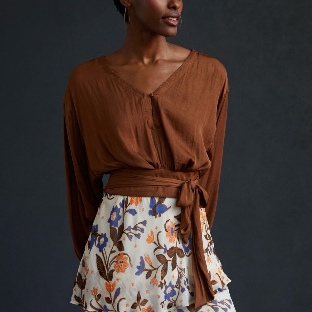 By Anthropologie Brown Tie Wrap Blouse